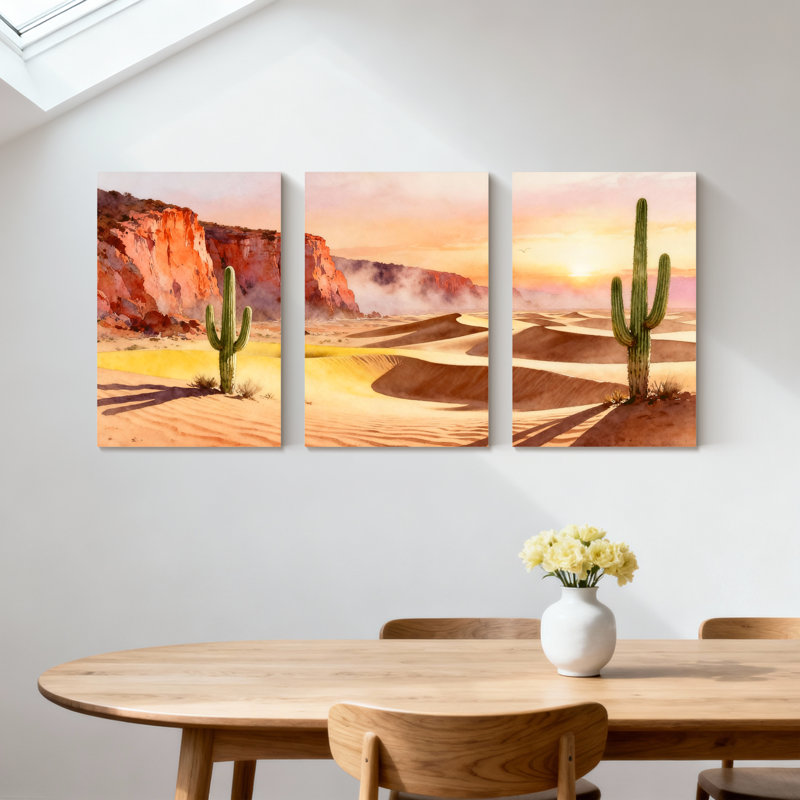 «Landscape & Nature Desert Landscape with Cactus and Sunset», ensemble de 3 impressions sur toile, H 18 po x l 36 po