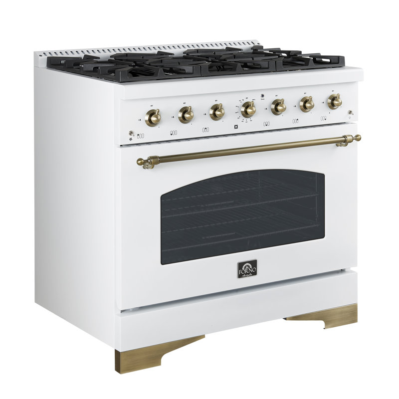 Cuisinière à double combustible 36 pouces Forno Antico avec 6 brûleurs à gaz scellés, four à convection électrique, finition laiton antique