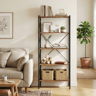 5-Tier Industrial Freestanding Open Bookshelf, Reinforced Rust-Resistant Heavy-Duty Metal Frame & Anti-Tipping Design, Fits Living Room, Study, Home Office