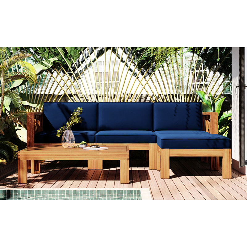 Canapé modulaire d'extérieur 5 avec coussins - bois naturel, coussins bleus, eau, -, pour la chasse, Natural