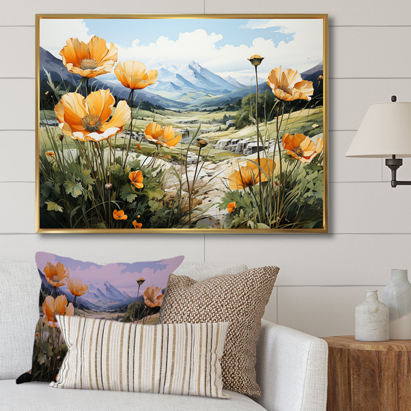«Buttercups Charm In Mountain Scenery» sur impression sur toile, H 12 po x l 20 po x P 1 po, Cadre flottant doré
