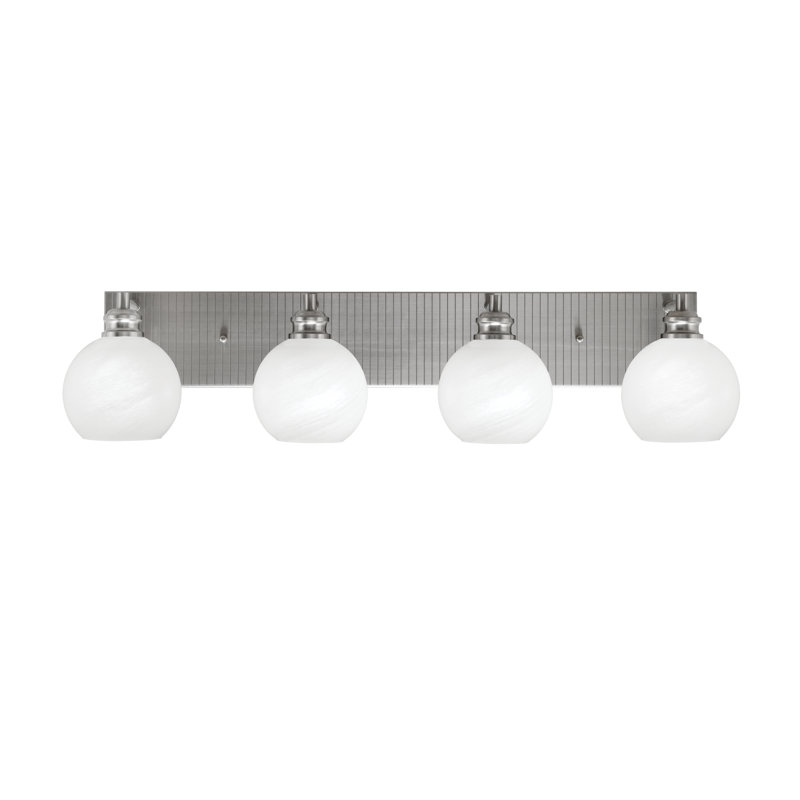 Barre d'éclairage de salle de bain 4 lumières Edge avec verre de marbre blanc 5,75 po, Nickel brossé