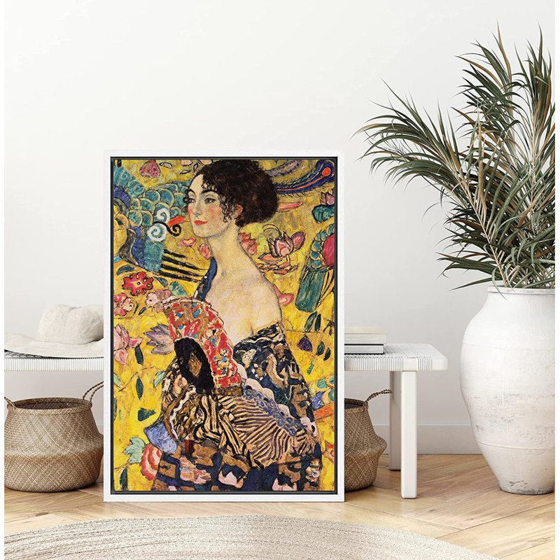 «Woman with Fan» par Gustav Klimt, reproduction d'art sur toile tendue, H 24 po x l 16 po x P 1,5 po, Cadre blanc