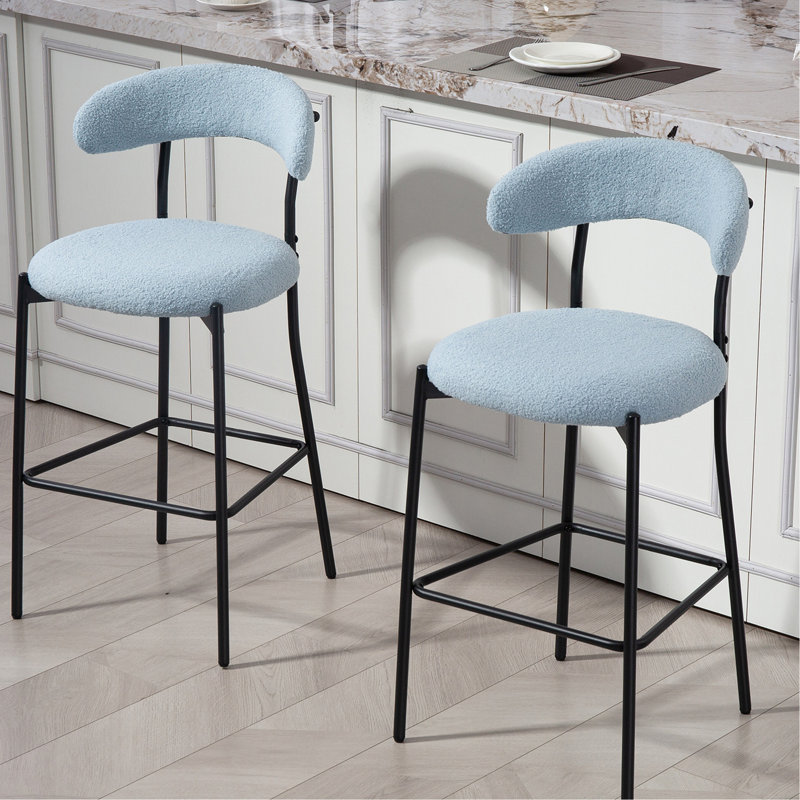 Tabouret de bar bleu à dossier ouvert de 26 po avec siège souple, base noire et repose-pieds, de 2 pour la cuisine, le salon ou le bureau, dossier moderne, coussin, structure en métal, bureau, meuble-lavabo