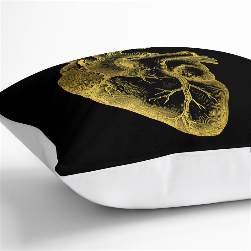 Black Gold Anatomical Heart Scatter Cushion, 40cm H x 40cm W x 15cm D, White