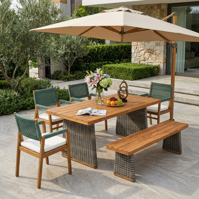 Brendalyn Outdoor 6-Person Acacia Wood Dining Set With Wicker Accents & Cushions