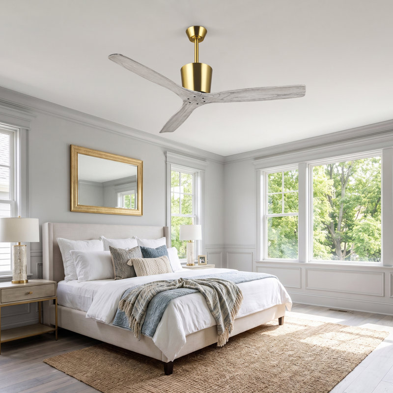 54" Solid Wood 3 - Blade Plating Gold Propeller Ceiling Fan With Remote Control Without Lights, Gold/Light Gray Wood