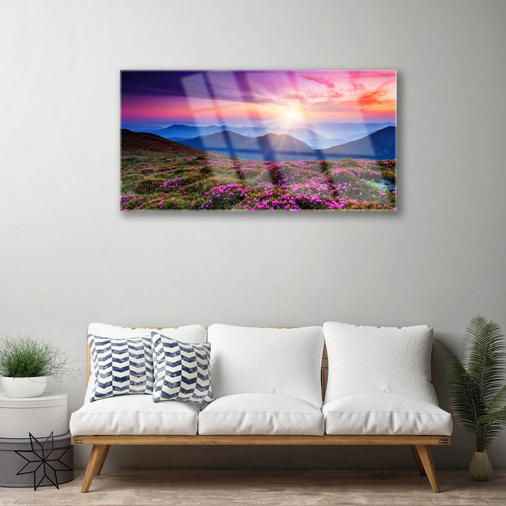 Glasbild Landschaft Berge Wiese Blumen