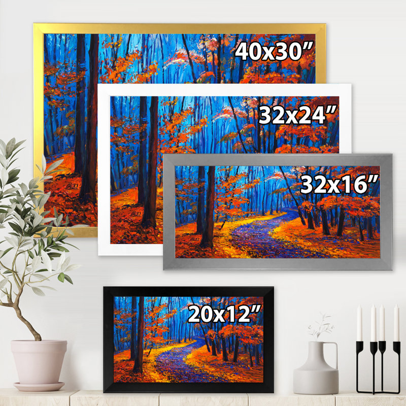 «Little Road Through Orange Autumn Landscape I», peinture sur toile, H 24 po x l 32 po x P 1 po, Cadre photo blanc