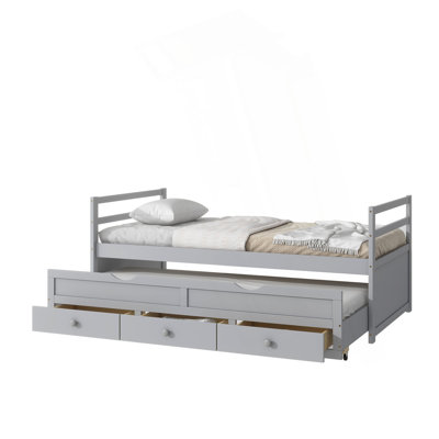 Twin Size Bed With Headboard, Footboard, Trundle And Three Storage Drawers, Twin Size Pine Wood Bed With Headboard, Footboard