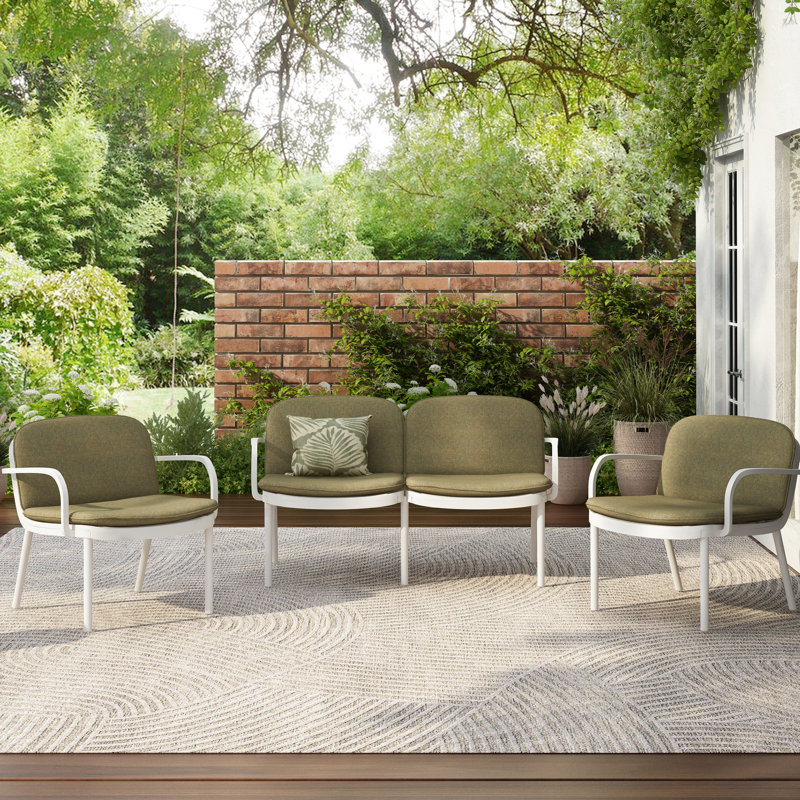 Ensemble de conversation 3 pièces pour l'extérieur - Structure en polypropylène blanc, coussins, 2 fauteuils club et 1, patio assorti, rouille, décoloré avec coussins de style contemporain, léger, respirant