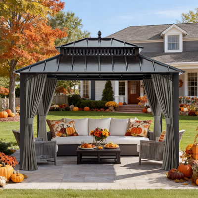SUNJOY Kingston 12x10 Gazebo, Steel Roof Hardtop Gazebo with Curtain and Netting - Woodgrain Posts