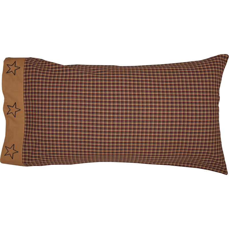 King Size Red and Tan Plaid Embroidered Cotton Pillowcase
