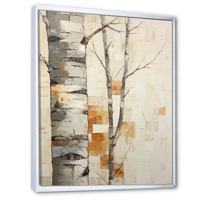 Arbre de minimalisme bouleau I sur toile, Cadre flottant blanc, H 20 po x l 12 po x P 1 po