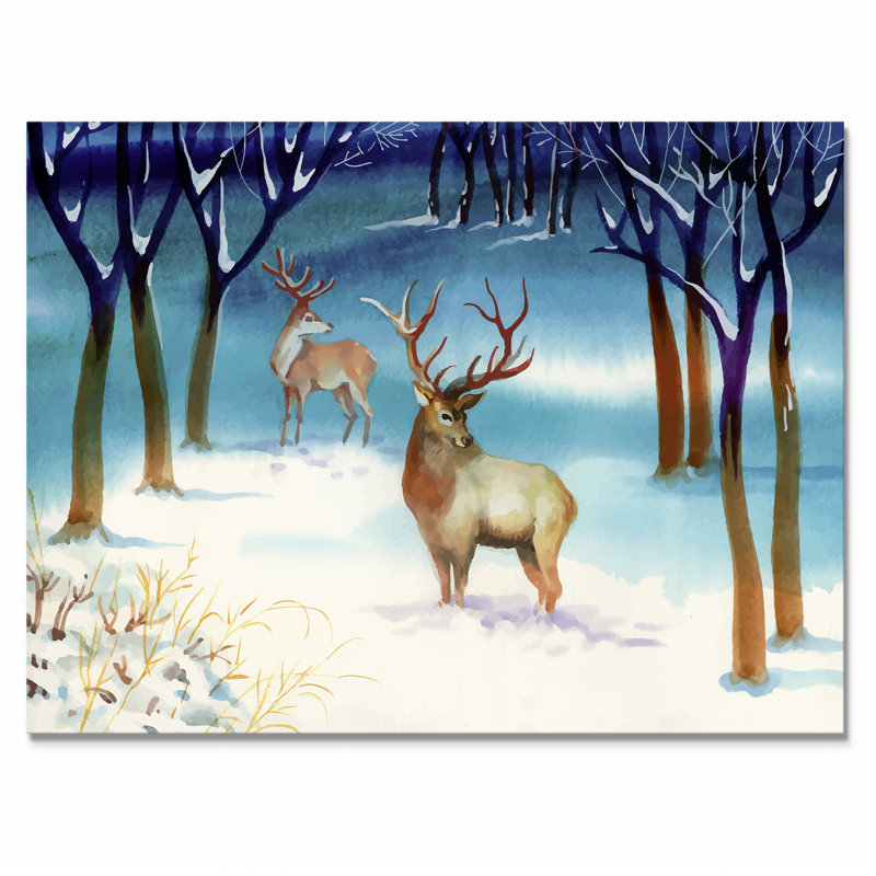 Paysage d'hiver avec des cerfs - peinture sur toile, H 12 po x l 20 po x P 1 po, Toile tendue
