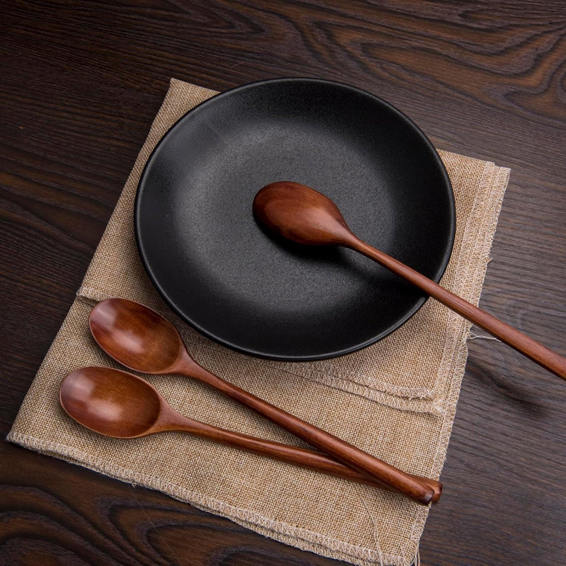 6-Piece Natural Wooden Spoon Set For Cooking And Serving, 9-Inch Long Handle Wood Soup Spoons, Eco-Friendly Kitchen Utensils For Daily Use