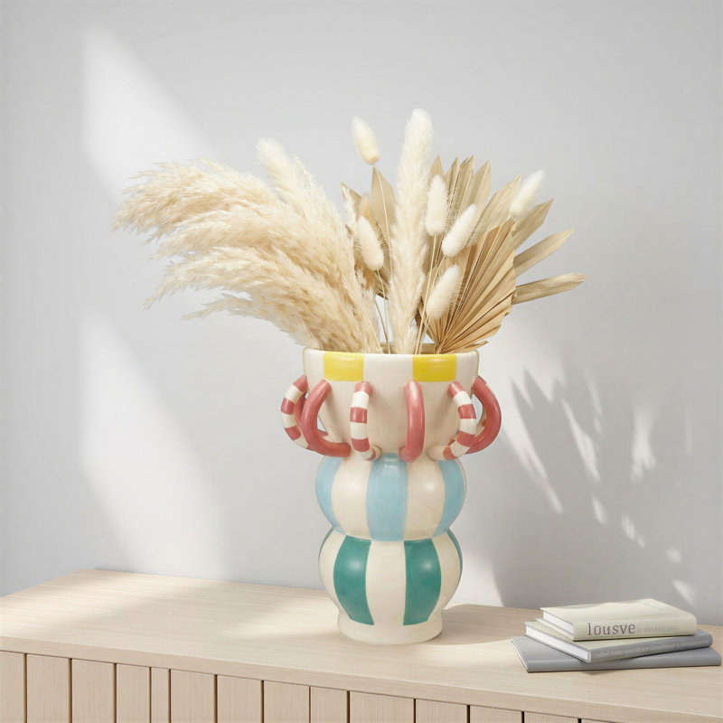 Vase en grès peint à la main avec motif rayé et boucles 3D