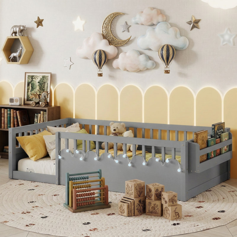 Lit simple 78,5 po Montessori avec rails surélevés et tablette de rangement, Gris