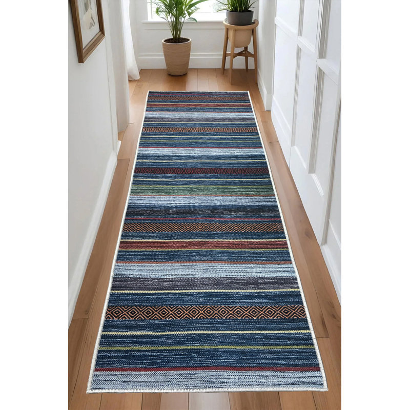 Custom Size Anti Slip Low Profile Machine Printed Bohemian Tribal Stripe Design Rug by Feet, Runner 2'2" x 15'
