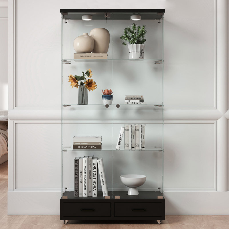 Vitrine avec tablette en verre, 2 tiroirs et lumière DEL, Noir, noir, noir, noir
