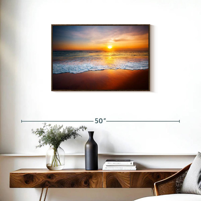 Coucher de soleil sur les vagues mousseuses, Cadre flottant noyer, 31 po x 21 po