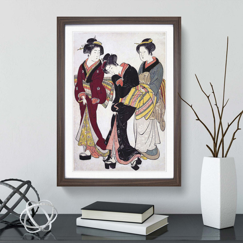 Two Geishas and a Maid by Kitao Shigemasa - Picture Frame Painting Print, 65cm H x 48cm W x 2cm D, Walnut Framed