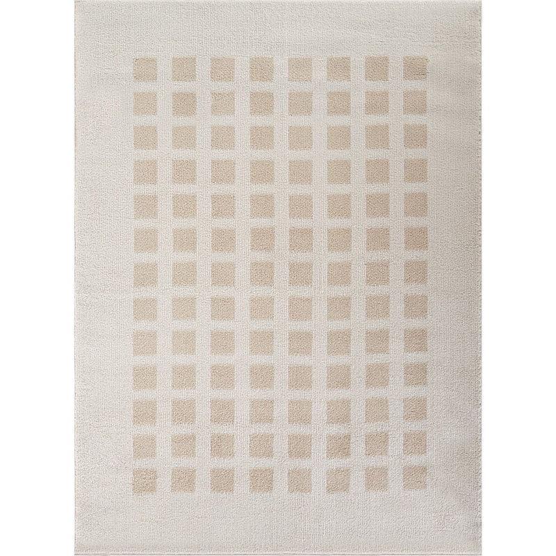 Beige Modern Shaggy Washable Rug, Chequered Anti-Slip Rug For Living Room, Dining Room, Bedroom, Kitchen