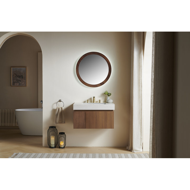 Muri 30" Bathroom Vanity&Sink, Floating Plywood Storage Cabinet With Drawer&Door, Roma Travertine Sintered Stone Top&Ceramic Basin With 3 Pre-Drilled Faucet Holes, Pre-Assembled, Brown Oak Woodgrain