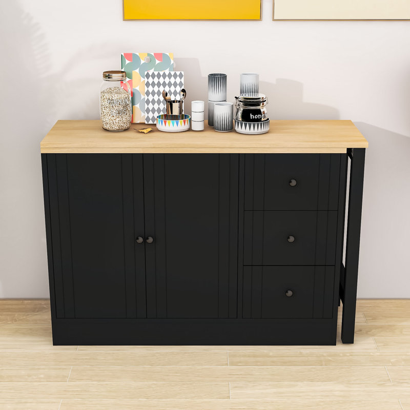 3 Drawers Wood Sideboard with Pull-Out Extendable Table and Storage Cabinet with Adjustable Shelves, Black/Natural