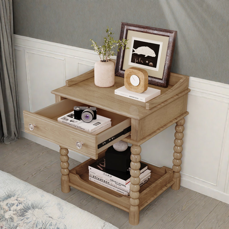 Retro Style Nightstand With 1 Drawer, An Open Shelf, Turned Legs And Metal Handles