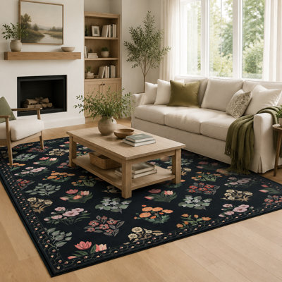 Vintage Garden Floral Washable Area Rug with Non-Slip Backing