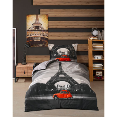 100% Cotton Ranforce Single Quilt Cover Set, Black & Grey with Red Accents | Duvet Cover 63 x 87, Flat Sheet 63 x 95, Pillowcase 20 x 28 | Machine Washable, 145 Thread Count, Button Closure for Duvet & Envelope Pillowcase