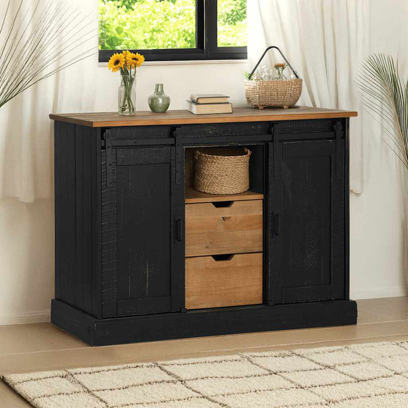 Sideboard HALDEN 2 Sliding Doors 112X40x80 Cm Solid Wood, Black