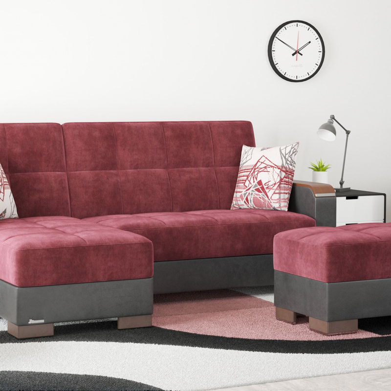 Repose-pieds en bois avec rangement Primenest Collection Zenaero, Microfibre / suédine rouge