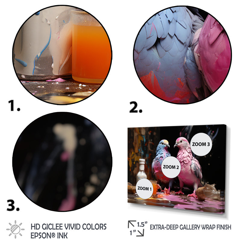 Gris et rose, pigeon sérénade II - art mural pigeon animal, Cadre d'angle fermé noir, H 34 po x l 44 po x P 1,5 po