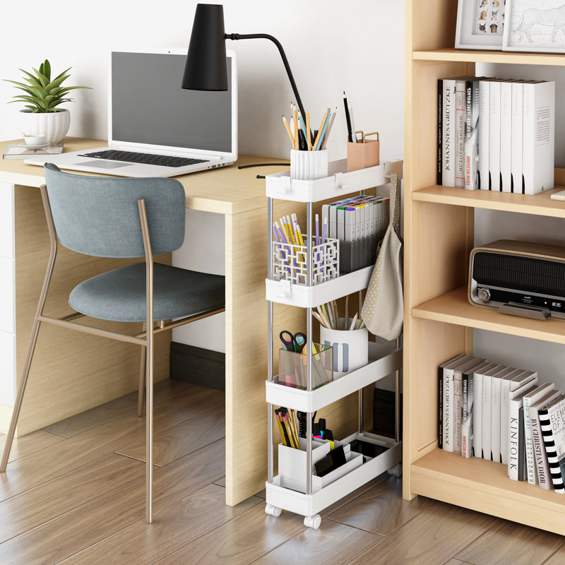 White Plastic and Stainless Steel 4-Tier Slim Storage Cart