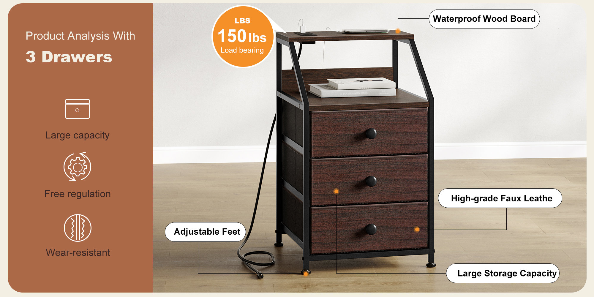 17 Stories Travison Nightstands with 3 Drawers & Outlets, Bedside ...