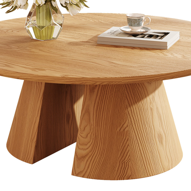 Table basse ronde de 99 cm (39 po) en bois naturel, table centrale moderne sur pied avec plateau en placage lisse pour salon