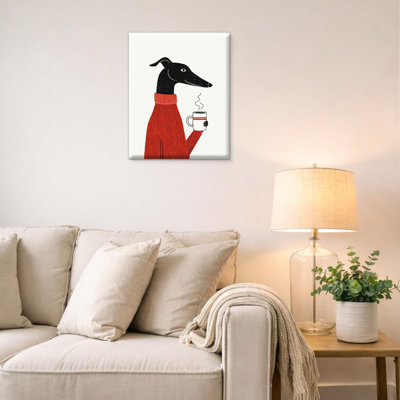 Modern Greyhound Wall Art Whimsical Dog Coffee Canvas Print Poster Wall Decor For Home Kitchen Living Room 8X10 Inch Framed