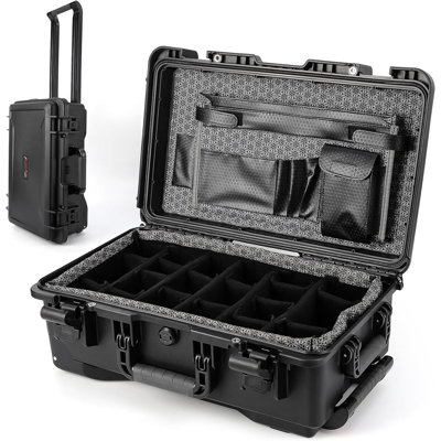 Waterproof Hard Equipment Case with Wheels, Pull Handle & Dividers for Camera & Drone