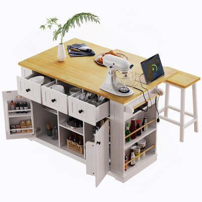 53Inch Large Kitchen Island With 2 Bar Stools, Power Outlet,Door Internal Storage Rack, Kitchen Storage Cart On 5 Wheels With Drop Leaf, 5 Open Side Racks, 3 Drawers, For Kitchen,Dining Room,White