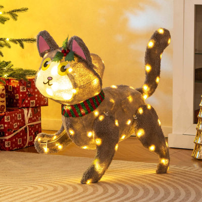 Chat de Noël illuminé avec 88 lumières à DEL et 4 piquets de terre pour la cour