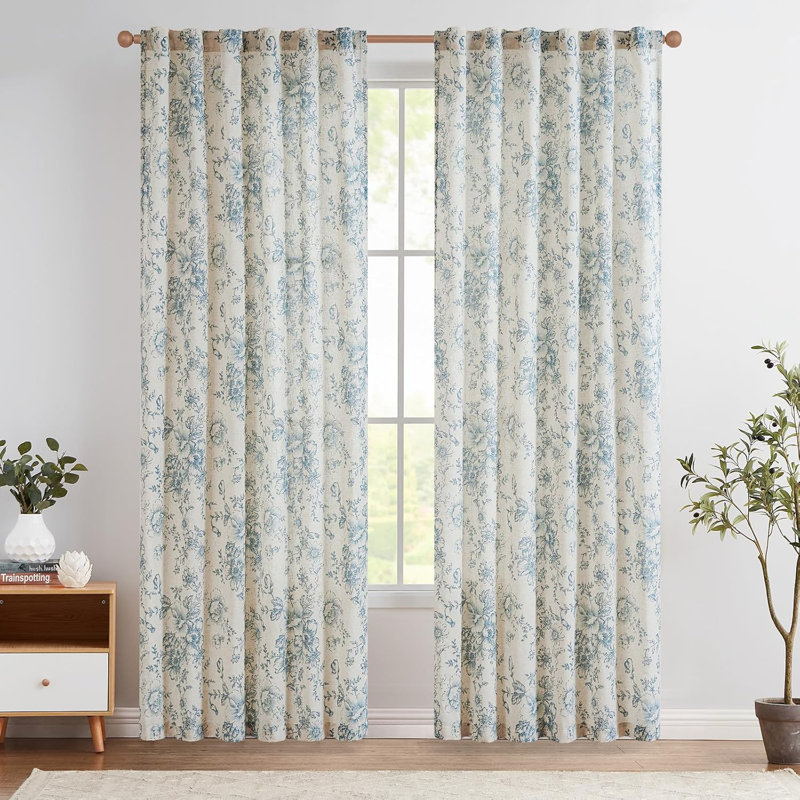 Neacsa Peony Floral Semi-Sheer Curtain Panel Pair , 50" W x 84" L, Blue