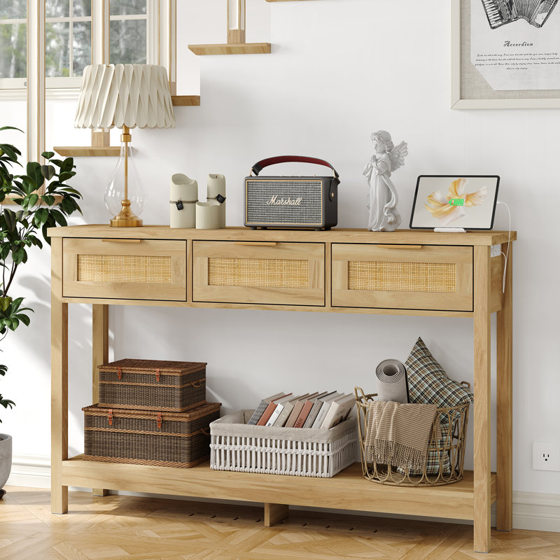 Ayjah 51.2" Wood Console Table with Charging Station and 3 Drawers,Rattan Entry Table for Entryway,Natural, Natural