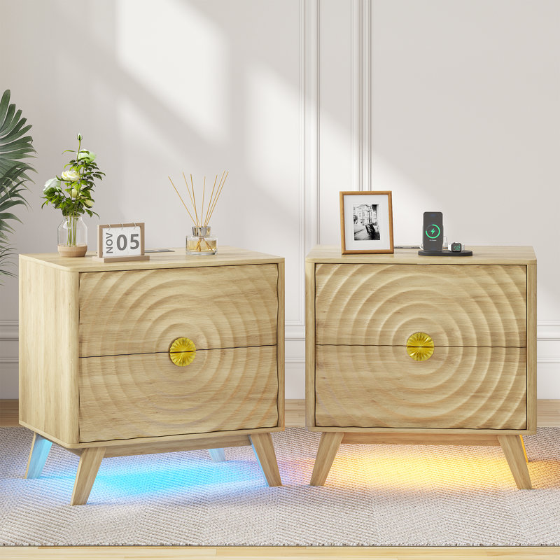 Table de chevet 2 tiroirs 23,6 po avec prises intégrées et lumière à capteur humain, Chêne