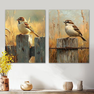 Sparrow Bird on the Farm Fence I - White Birds, ensemble de 2 reproductions d'art murales en métal