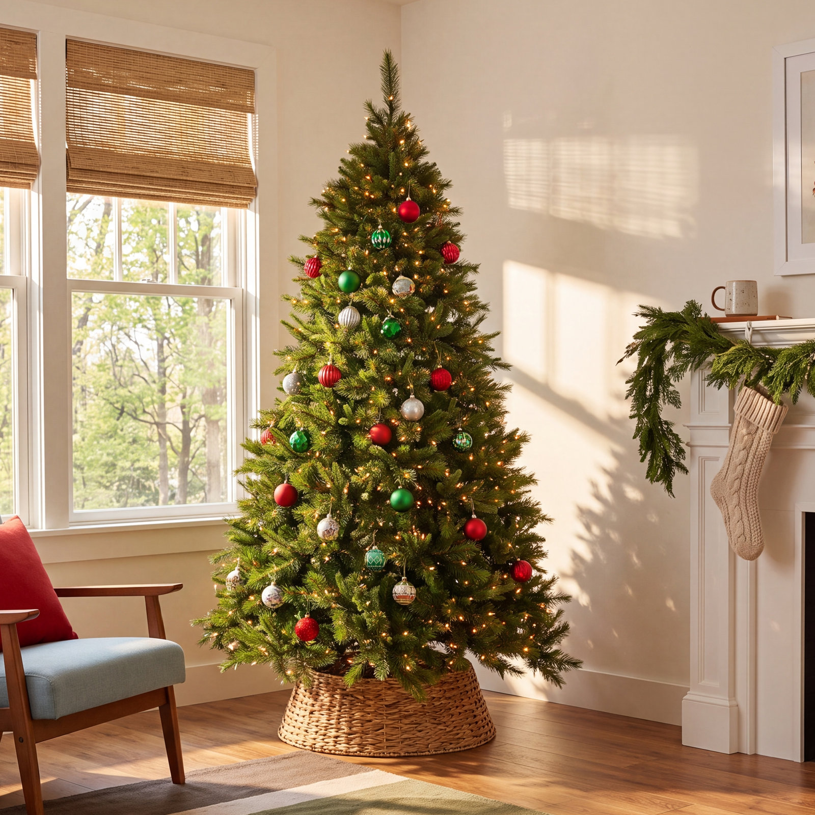 Green Pine Flocked Pre-Lit Pine Christmas Tree, 12' H, ClearDura-Lit® Incandescent