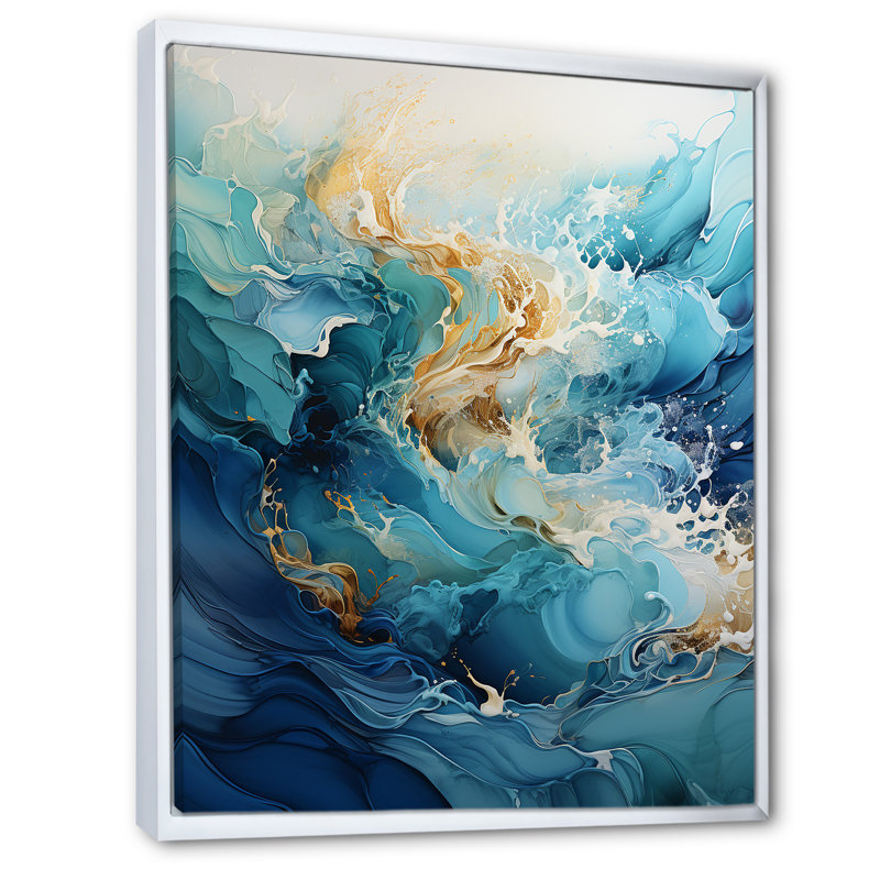 Océan blanc et courants bleus III sur toile, Cadre flottant blanc, H 44 po x l 34 po x P 1,5 po