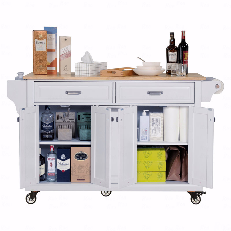 Îlot de cuisine avec comptoir en bois d'hévéa, chariot de cuisine sur 5 roulettes avec armoire de rangement, 2 tiroirs supérieurs et un tiroir de rangement central à double couche
