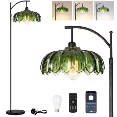 Lampe sur pied dorée pour le salon, la chambre à coucher, la lampe sur pied avec télécommande, lampe haute en laiton à intensité variable, rétro, rétro, Mid-Century, Lampes sur pied, lampe en verre, vert, bohème, bohème